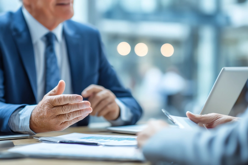 Profesionales en reunión de negocios analizando información y tomando decisiones estratégicas